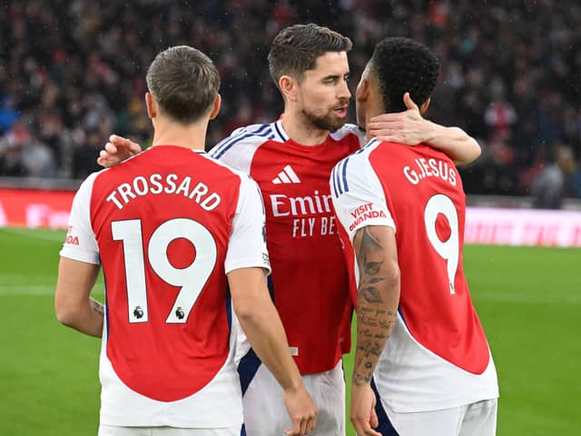 Jorginho has a word with teammates Gabriel Jesus and Leandro Trossard