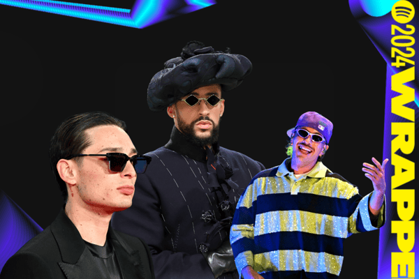 [L-R] Peso Pluma, Bad Bunny and Feid have all returned to the Spotify Wrapped top 10 in 2024, as the three are amongst the most streamed artist by users on the platform this year.