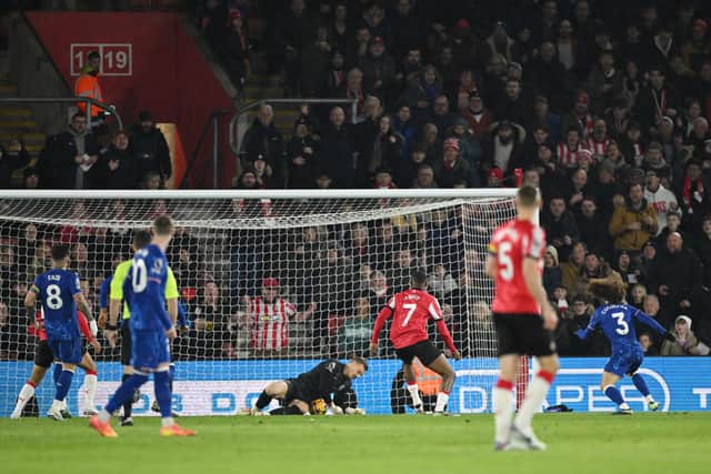 Filip Jorgensen saves against Joe Aribo.