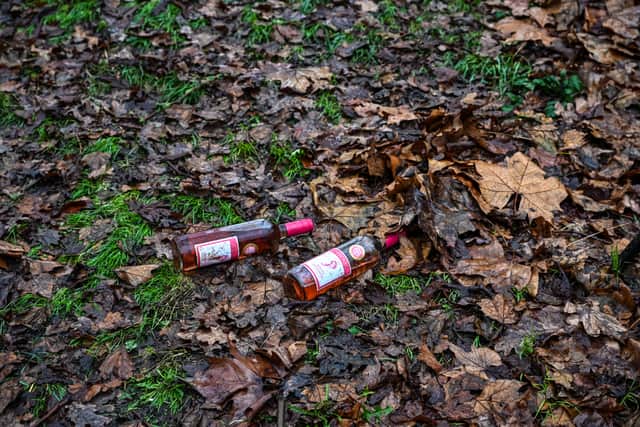A photograph taken on January 2, 2024 shows two discarded bottles of wine, on Primrose Hill, north London, where on December 31, 2023, 16-year-old Harry Pitman was stabbed to death.
