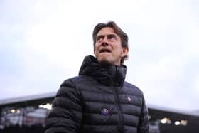 Thomas Frank, Manager of Brentford, looks on prior to the Premier League match between Brentford FC and Leicester City FC at Gtech Community Stadium on November 30, 2024 in Brentford, England. (Photo by Ryan Pierse/Getty Images)