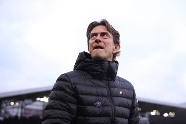 Thomas Frank, Manager of Brentford, looks on prior to the Premier League match between Brentford FC and Leicester City FC at Gtech Community Stadium on November 30, 2024 in Brentford, England. (Photo by Ryan Pierse/Getty Images)