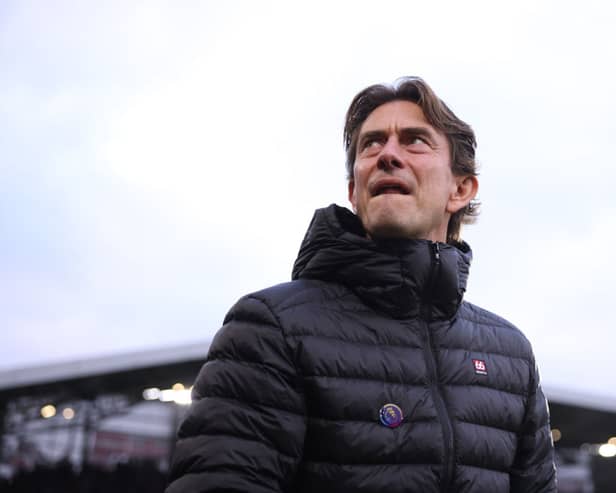 Thomas Frank, Manager of Brentford, looks on prior to the Premier League match between Brentford FC and Leicester City FC at Gtech Community Stadium on November 30, 2024 in Brentford, England. (Photo by Ryan Pierse/Getty Images)