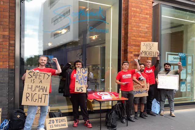 Members of community union, ACORN Southwark, protesting outside of Southwark Council's offices on behalf of Michelle
