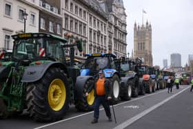 A parade of tractors lines up near Parliament 