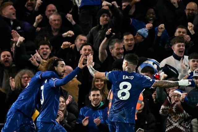 Marc Cucurella celebrates scoring against Brentford.