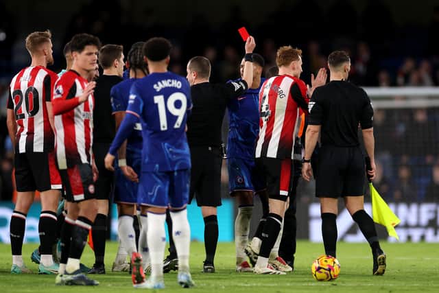 Marc Cucurella is sent off for Chelsea.