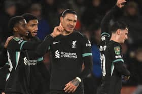 Darwin Nunez of Liverpool celebrates scoring his team's first goal during the Carabao Cup Quarter Final match between Southampton and Liverpool at St Mary's Stadium on December 18, 2024 in Southampton, England. (Photo by Liverpool FC/Liverpool FC via Getty Images2024 Liverpool FC)