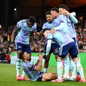 Gabriel Jesus celebrates scoring against Crystal Palace.