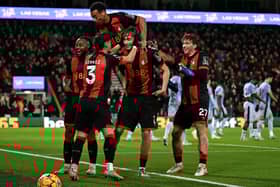 Bournemouth players celebrate after scoring against Tottenham Hotspur 