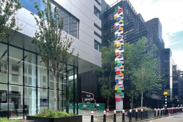 The sculpture, Chromorama, in its previous location on the Broadgate complex near Liverpool Street Station.