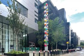 The sculpture, Chromorama, in its previous location on the Broadgate complex near Liverpool Street Station. 