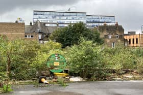 Numerous weeds and items of litter can be seen on the site.