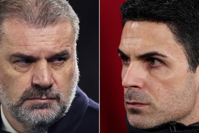 Ange Postecoglou, Manager of Tottenham Hotspur (L) and Mikel Arteta, Manager of Arsenal
