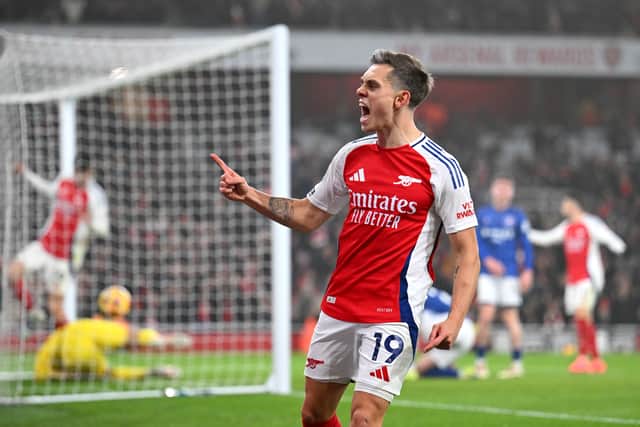 Leandro Trossard celebrates setting up Kai Havertz against Ipswich Town.
