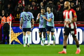 Gabriel Jesus celebrates scoring against Brentford.
