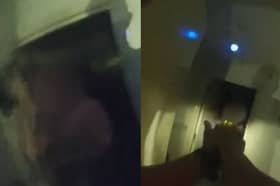 Man swings circular saw at police.