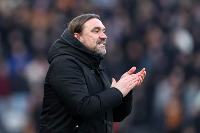 Daniel Farke, Manager of Leeds United, reacts during the Sky Bet Championship match between Hull City AFC and Leeds United FC at MKM Stadium on January 04, 2025 in Hull, England.