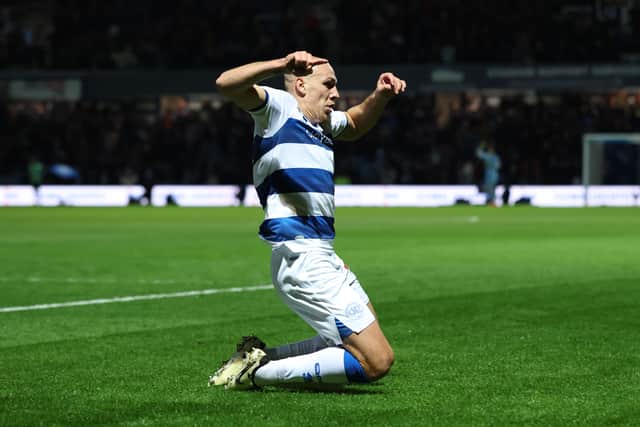Frey celebrates scoring against Luton Town.