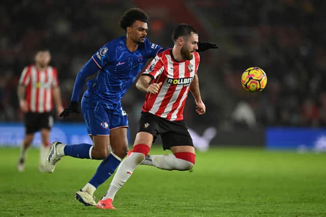 Ben Brereton Diaz of Southampton is challenged by Renato Veiga of Chelsea during the Premier League match between Southampton FC and Chelsea FC at St Mary's Stadium on December 04, 2024 in Southampton, England.