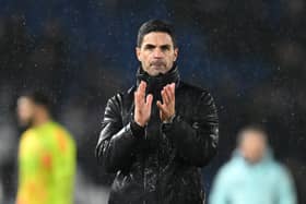  Mikel Arteta, Manager of Arsenal, applauds the fans after the Premier League match between Brighton & Hove Albion FC and Arsenal FC at Amex Stadium on January 04, 2025 in Brighton, England. 