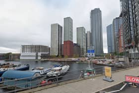 A view of the existing 7 Brannan Street site, seen from across the Blackwall Basin at Trafalgar Way