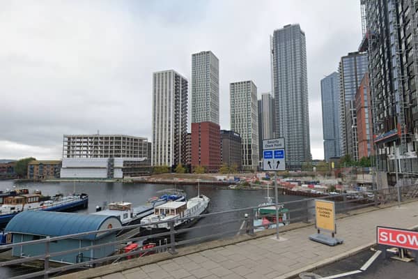 A view of the existing 7 Brannan Street site, seen from across the Blackwall Basin at Trafalgar Way