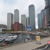 A view of the existing 7 Brannan Street site, seen from across the Blackwall Basin at Trafalgar Way