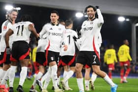 Raul Jimenez celebrates scoring Fulham's second against Watford.