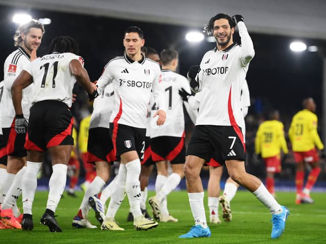 Raul Jimenez celebrates scoring Fulham's second against Watford.