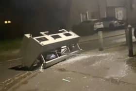 Kebab shop fridge is fly-tipped on a residential street in Dagenham, East London, during the late hours of the night on January 7, 2025.