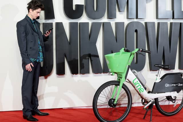 Timothee Chalamet parked his Lime Bike on the red carpet