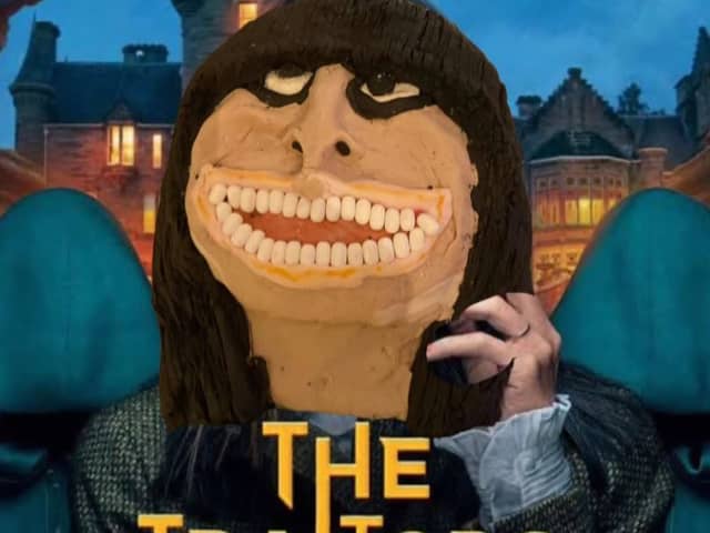 Claudia Winkleman, host of The Traitors, caricature cake by Keith Scovell. 