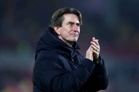 Thomas Frank, Manager of Brentford, acknowledges the fans after the Premier League match between Brentford FC and Liverpool FC at Gtech Community Stadium on January 18, 2025 in Brentford, England