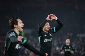 Darwin Nunez of Liverpool celebrates scoring his team's second goal during the Premier League match between Brentford FC and Liverpool FC at Gtech Community Stadium on January 18, 2025 in Brentford, England. 