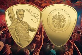 The gold plectrum coin is layered in pure 24-carat gold