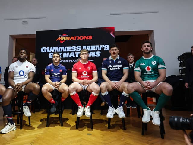 Scotland co-captain Rory Darge with the other Six Nations skippers, from left Italy's Michele Lamaro, England's Maro Itoje, France's Antoine Dupont, Wales' Jac Morgan and Ireland's Caelan Doris.