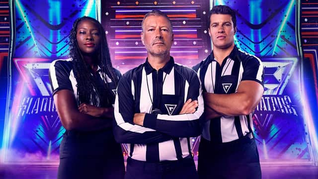 Gladiators referees (L to R) Sonia Mkoloma, Mark Clattenburg, Lee Phillips
