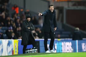 John Mousinho, Head Coach of Portsmouth, reacts during the Sky Bet Championship match between Blackburn Rovers FC and Portsmouth at Ewood Park on January 15, 2025 in Blackburn, England. 