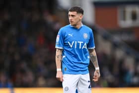 Louie Barry, then of Stockport County looks on during the Sky Bet League One match between Stockport County FC and Wrexham AFC at Edgeley Park on November 16, 2024 in Stockport, England.