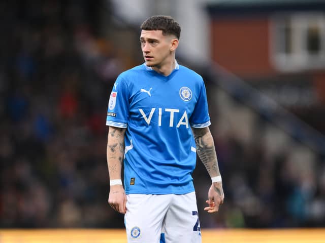 Louie Barry, then of Stockport County looks on during the Sky Bet League One match between Stockport County FC and Wrexham AFC at Edgeley Park on November 16, 2024 in Stockport, England.