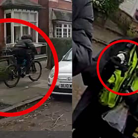Man with a knife is chased down by police officer on a bike.