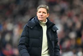 Oliver Glasner, Manager of Crystal Palace, looks on as he leaves the pitch at half time during the Premier League match between Manchester United FC and Crystal Palace FC at Old Trafford on February 02, 2025 in Manchester, England. 