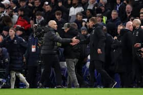 Enzo Maresca, Manager of Chelsea, and Graham Potter, Head Coach of West Ham United, shake hands following the Premier League match between Chelsea FC and West Ham United FC at Stamford Bridge on February 03, 2025 in London, England. 