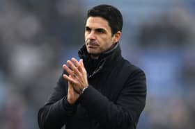 Mikel Arteta, Manager of Arsenal, reacts during the Premier League match between Leicester City FC and Arsenal FC at The King Power Stadium on February 15, 2025 in Leicester, England. (Photo by Shaun Botterill/Getty Images)