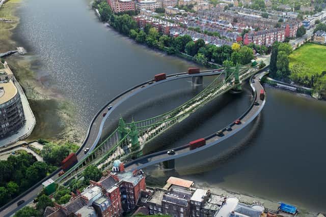 Designs show two new bridges, one either side of the primary structure, in an arc design described as ‘elliptical ribbons’