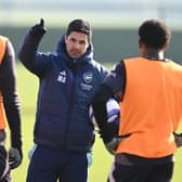 Arsenal manager Mikel Arteta during a training session at Sobha Realty Training Centre on February 18, 2025 in London Colney, England.
