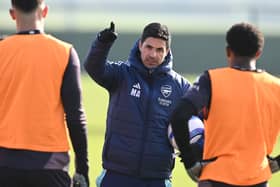 Arsenal manager Mikel Arteta during a training session at Sobha Realty Training Centre on February 18, 2025 in London Colney, England.