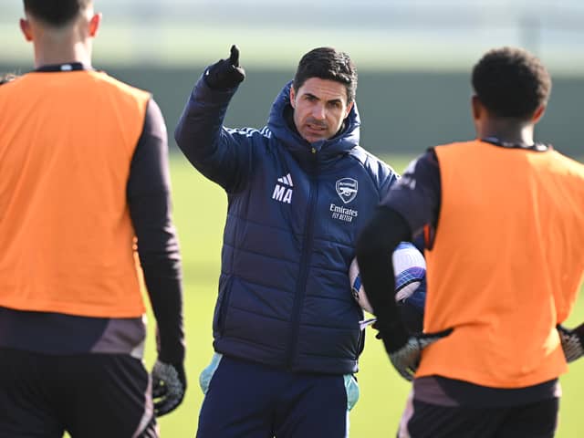 Arsenal manager Mikel Arteta during a training session at Sobha Realty Training Centre on February 18, 2025 in London Colney, England.
