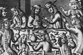1688, Heated debate in a coffee house on Bride Lane, Fleet Street in London. 